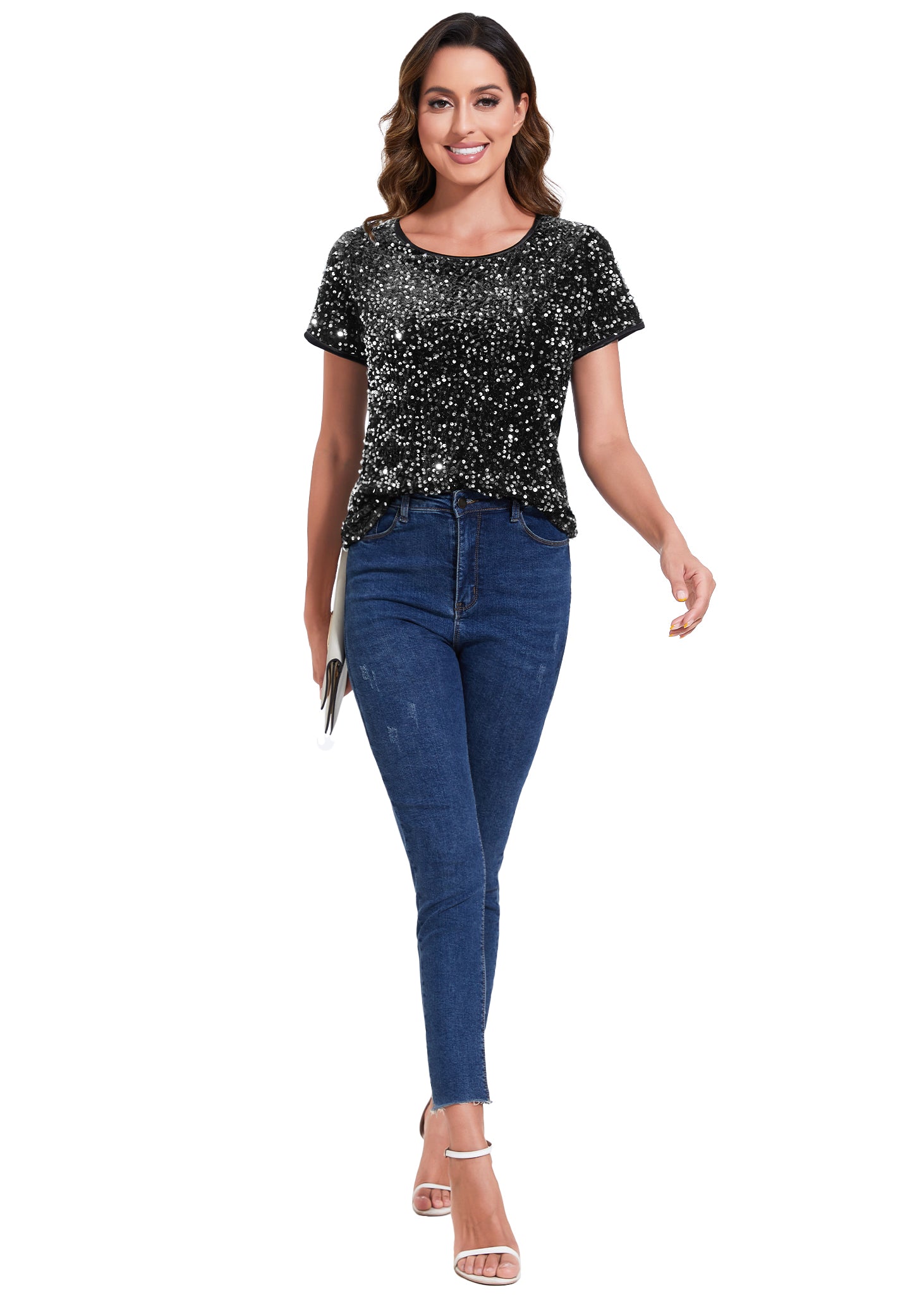 Anna-Kaci Womens Sparkly Sequin Velvet Tops Short Sleeve Crew Neck Shirt Party Club Blouse