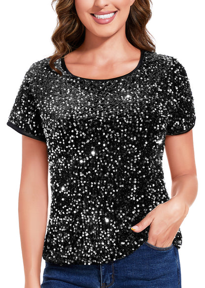 Anna-Kaci Womens Sparkly Sequin Velvet Tops Short Sleeve Crew Neck Shirt Party Club Blouse