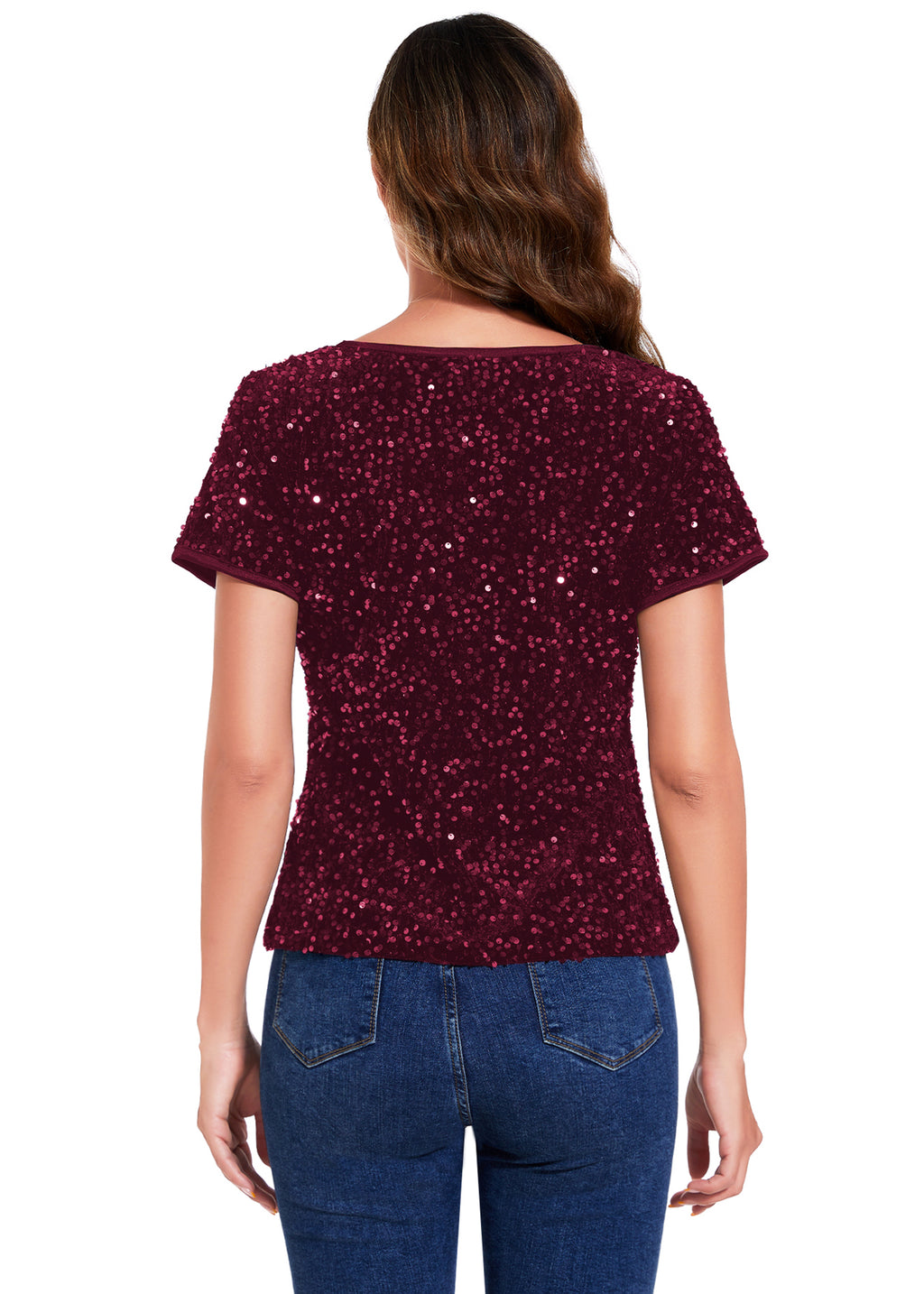 Anna-Kaci Womens Sparkly Sequin Velvet Tops Short Sleeve Crew Neck Shirt Party Club Blouse