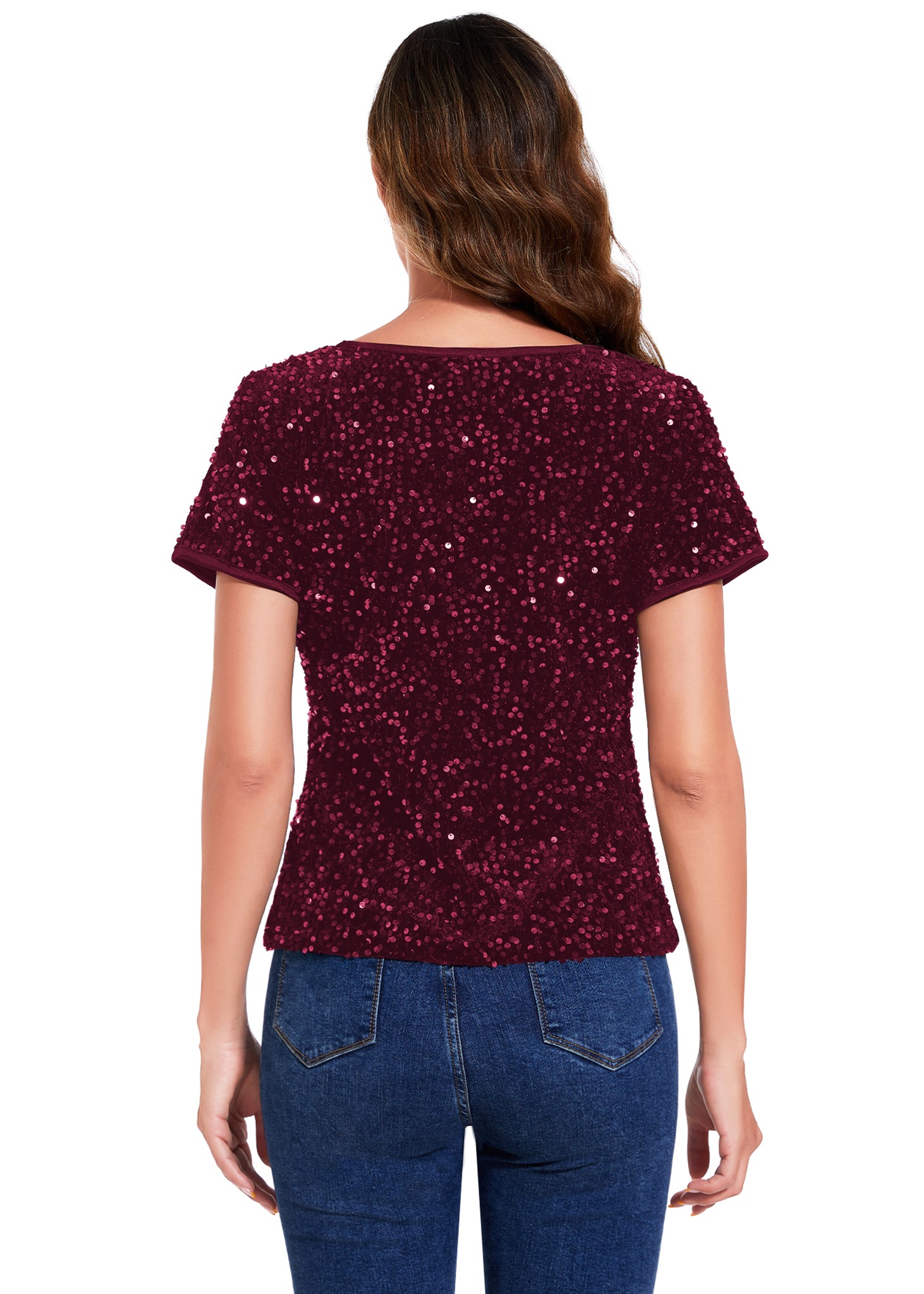 Anna-Kaci Womens Sparkly Sequin Velvet Tops Short Sleeve Crew Neck Shirt Party Club Blouse