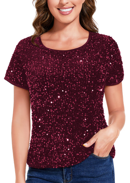 Anna-Kaci Womens Sparkly Sequin Velvet Tops Short Sleeve Crew Neck Shirt Party Club Blouse