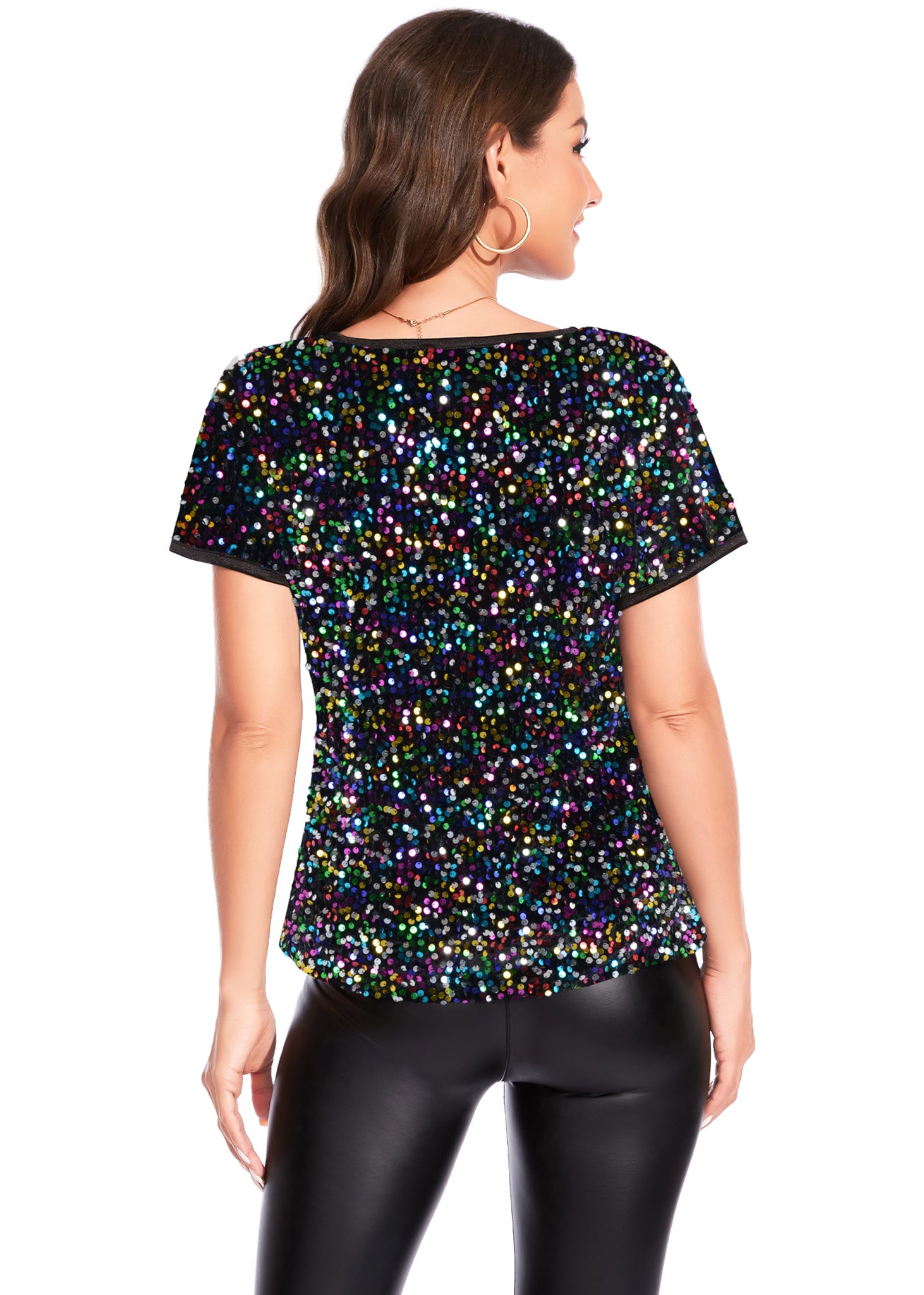 Anna-Kaci Womens Sparkly Sequin Velvet Tops Short Sleeve Crew Neck Shirt Party Club Blouse