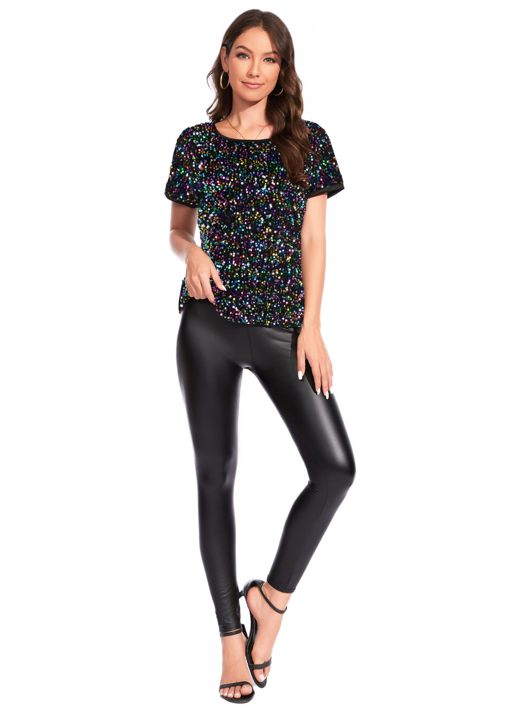 Anna-Kaci Womens Sparkly Sequin Velvet Tops Short Sleeve Crew Neck Shirt Party Club Blouse