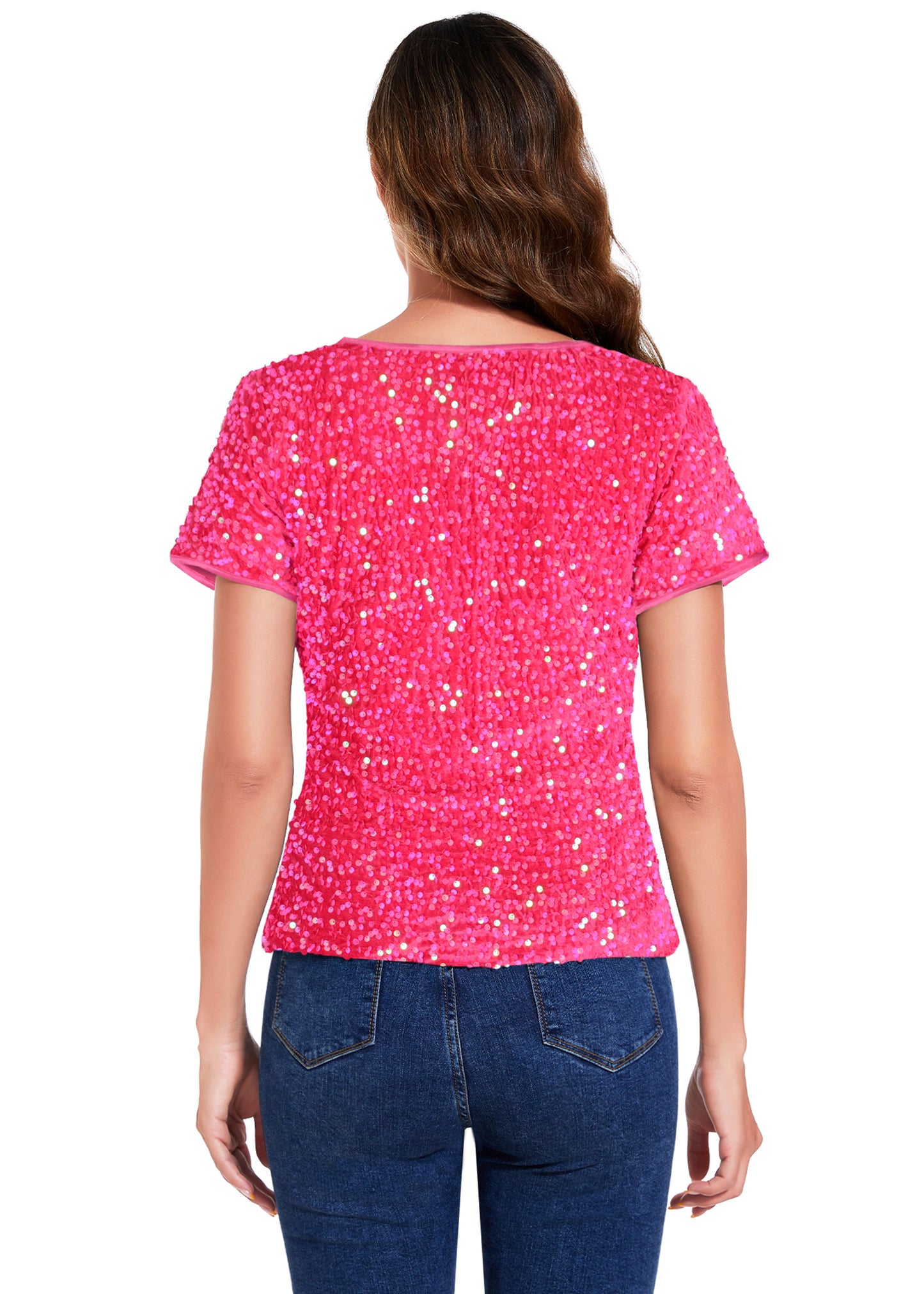 Anna-Kaci Womens Sparkly Sequin Velvet Tops Short Sleeve Crew Neck Shirt Party Club Blouse