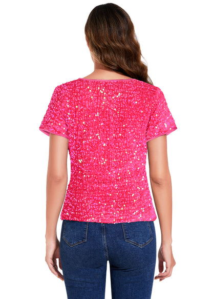Anna-Kaci Womens Sparkly Sequin Velvet Tops Short Sleeve Crew Neck Shirt Party Club Blouse