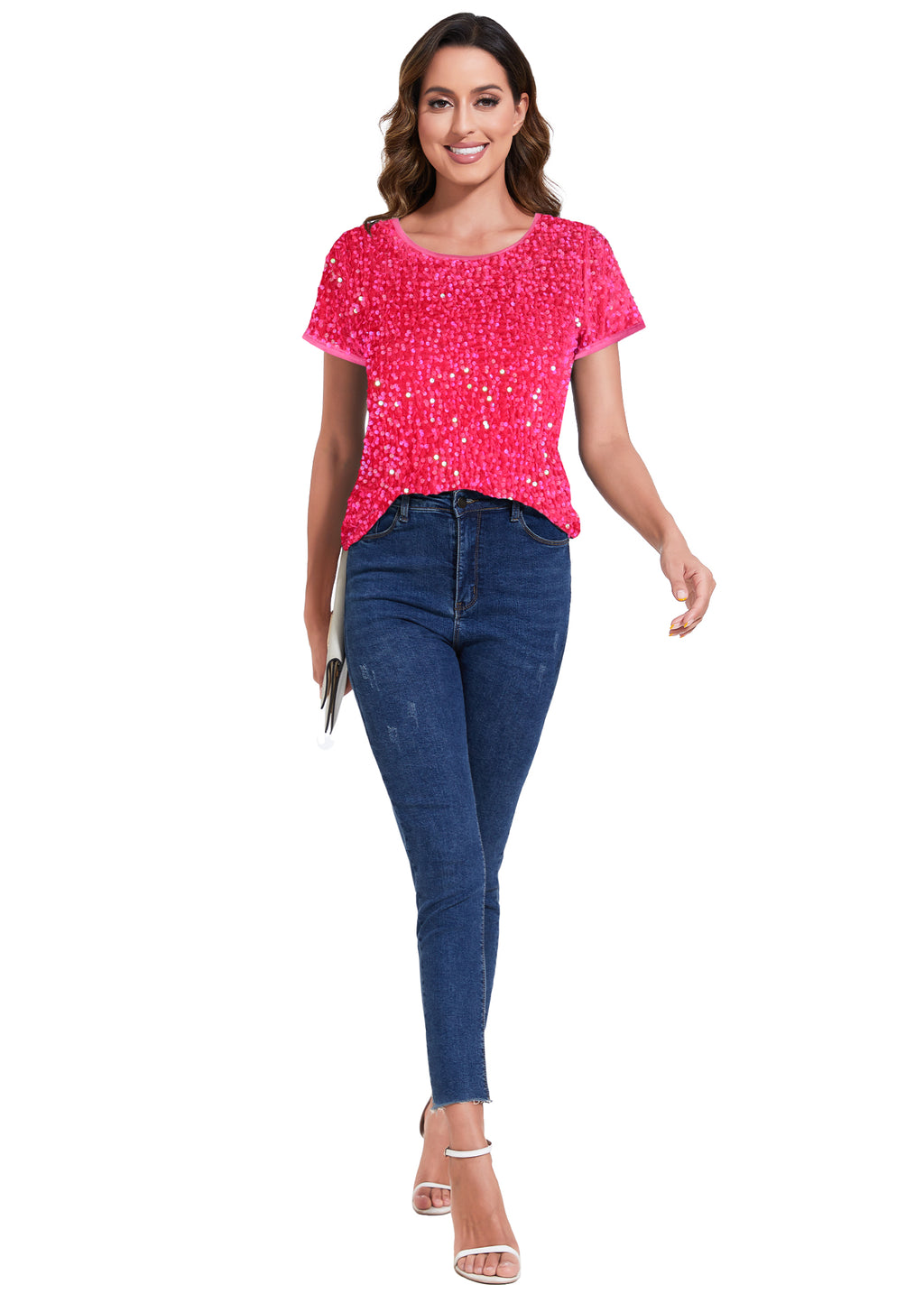 Anna-Kaci Womens Sparkly Sequin Velvet Tops Short Sleeve Crew Neck Shirt Party Club Blouse