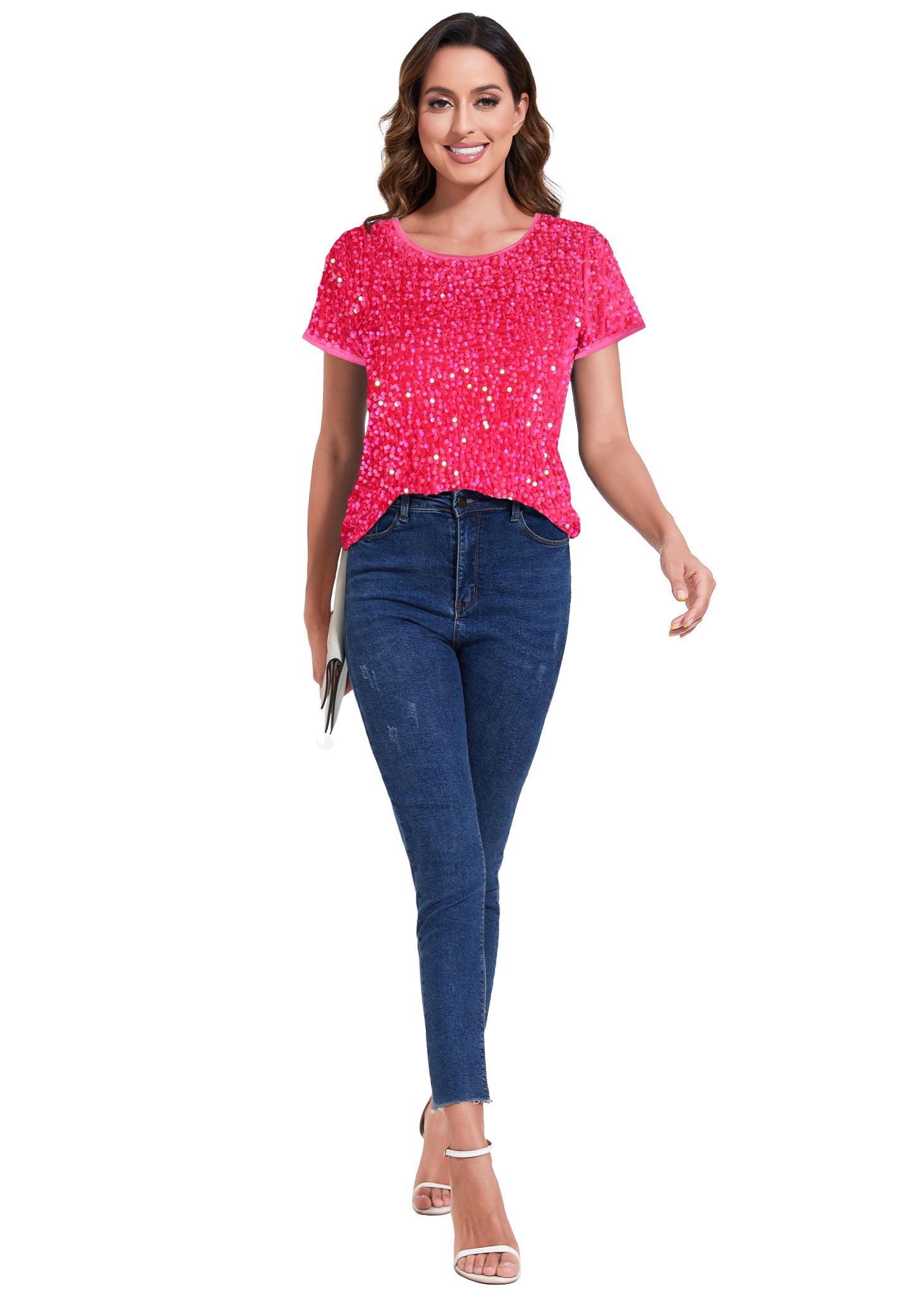 Anna-Kaci Womens Sparkly Sequin Velvet Tops Short Sleeve Crew Neck Shirt Party Club Blouse