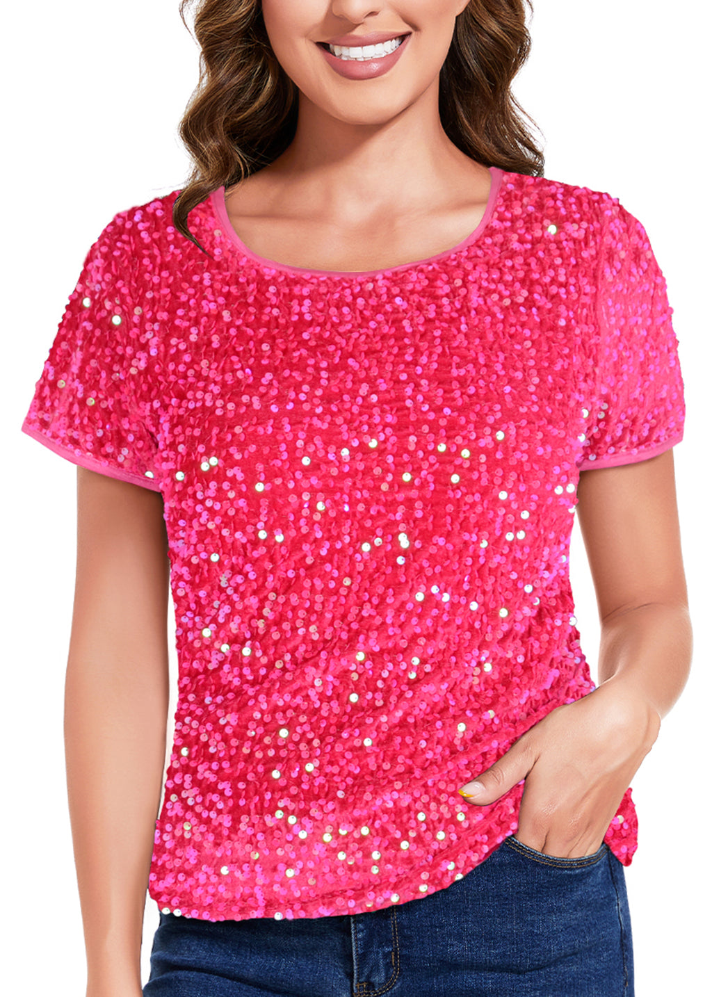 Anna-Kaci Womens Sparkly Sequin Velvet Tops Short Sleeve Crew Neck Shirt Party Club Blouse