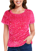 Anna-Kaci Womens Sparkly Sequin Velvet Tops Short Sleeve Crew Neck Shirt Party Club Blouse