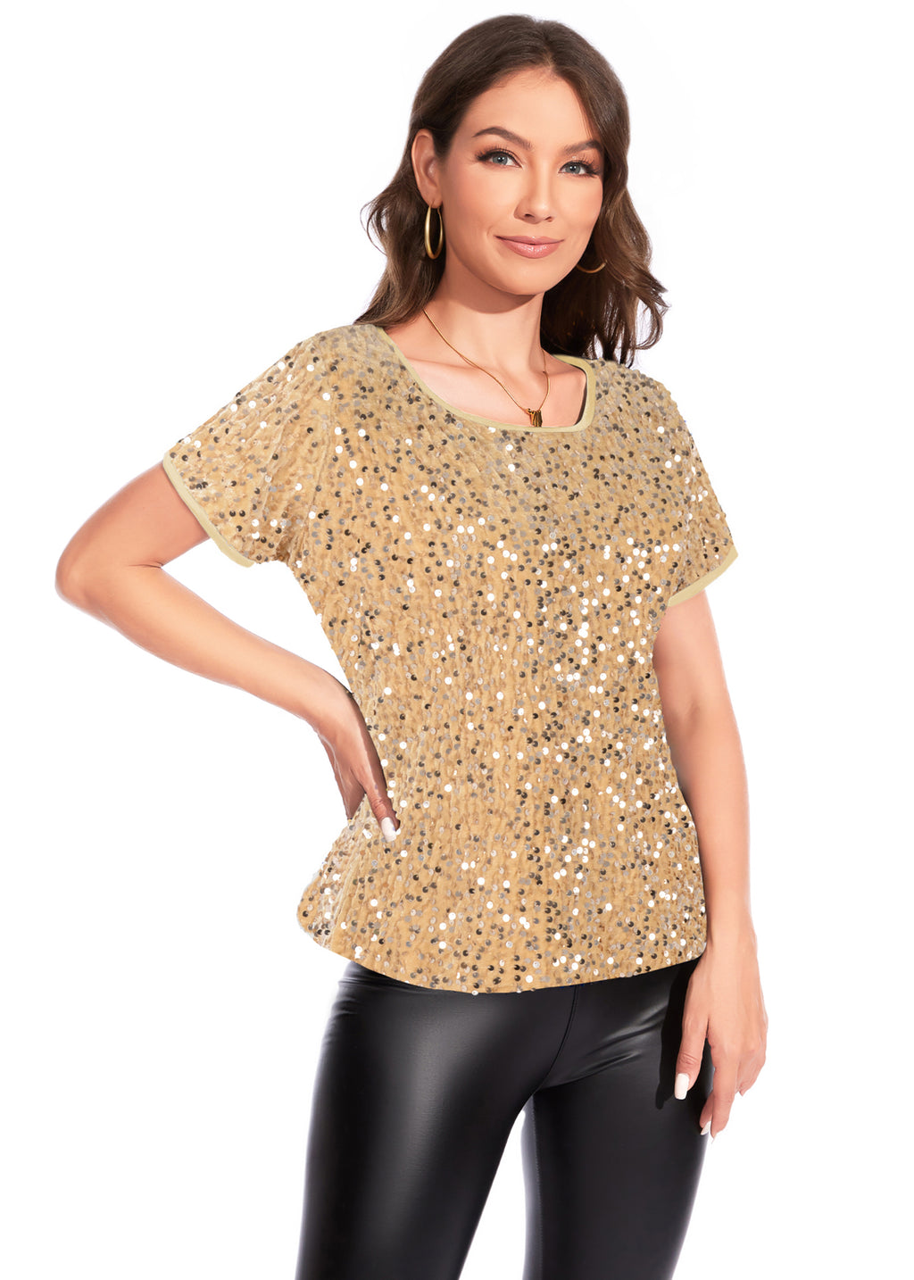 Anna-Kaci Womens Sparkly Sequin Velvet Tops Short Sleeve Crew Neck Shirt Party Club Blouse
