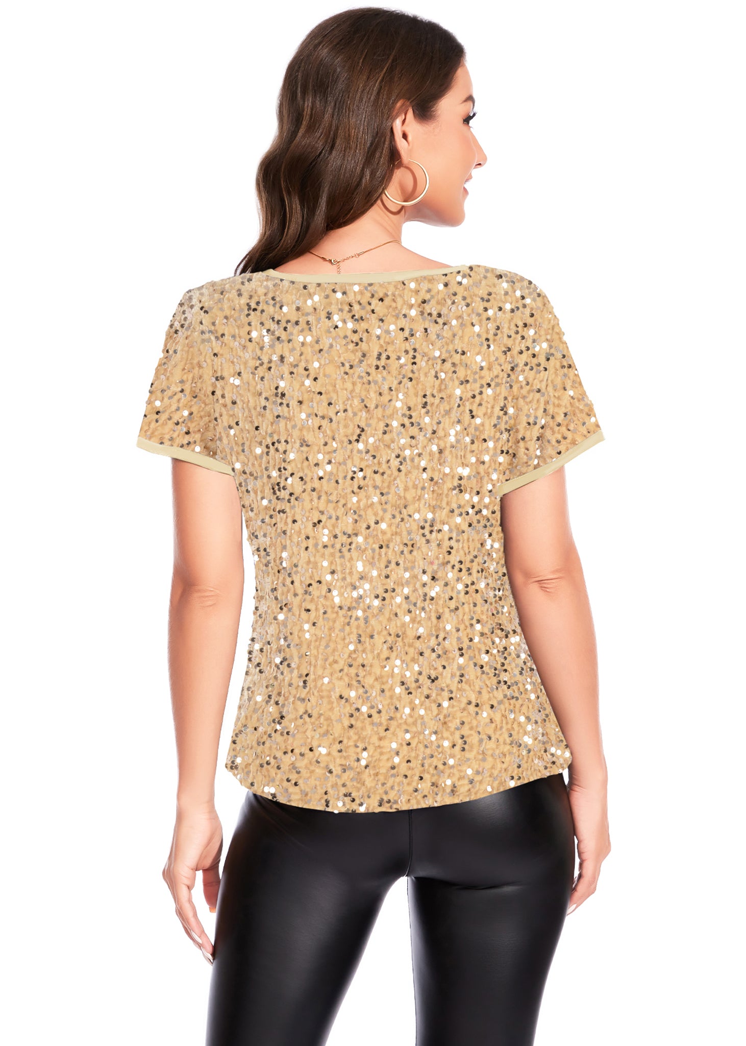 Anna-Kaci Womens Sparkly Sequin Velvet Tops Short Sleeve Crew Neck Shirt Party Club Blouse