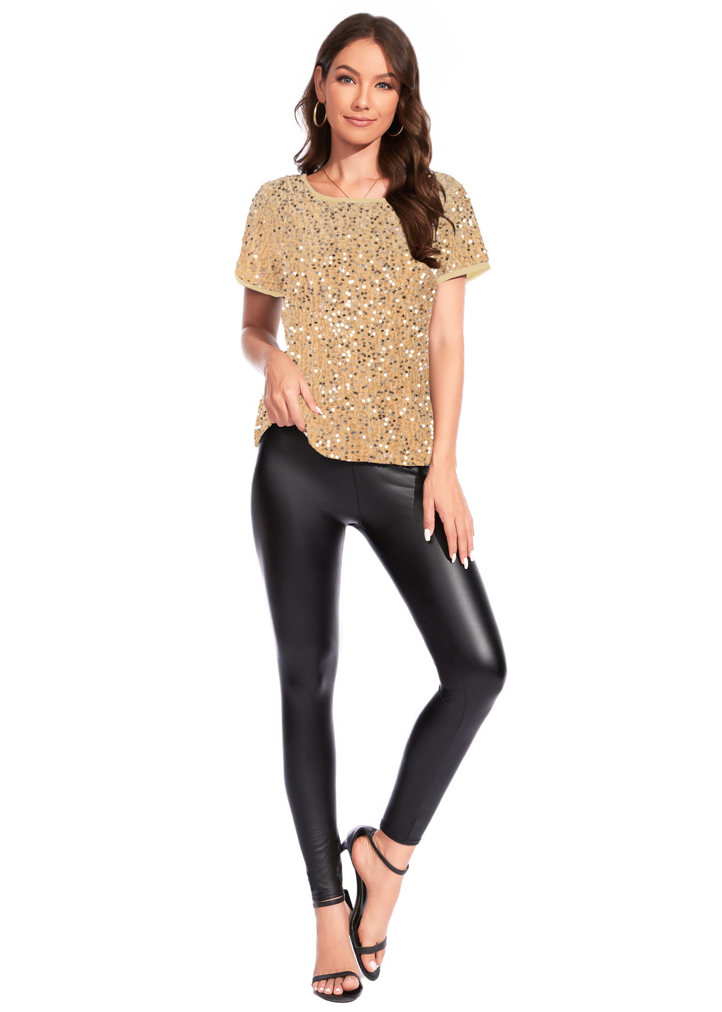 Anna-Kaci Womens Sparkly Sequin Velvet Tops Short Sleeve Crew Neck Shirt Party Club Blouse