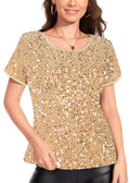 Anna-Kaci Womens Sparkly Sequin Velvet Tops Short Sleeve Crew Neck Shirt Party Club Blouse