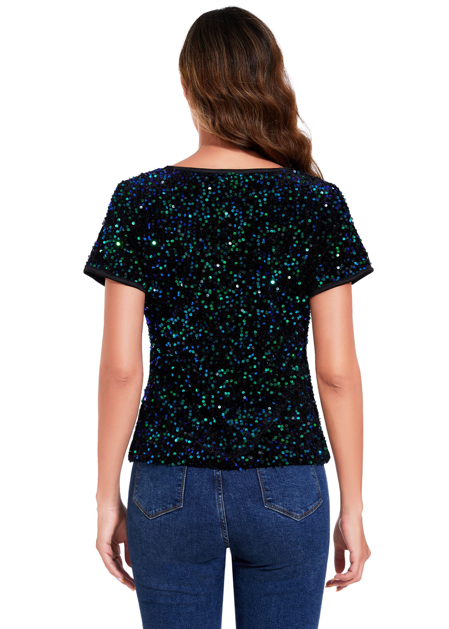 Anna-Kaci Womens Sparkly Sequin Velvet Tops Short Sleeve Crew Neck Shirt Party Club Blouse