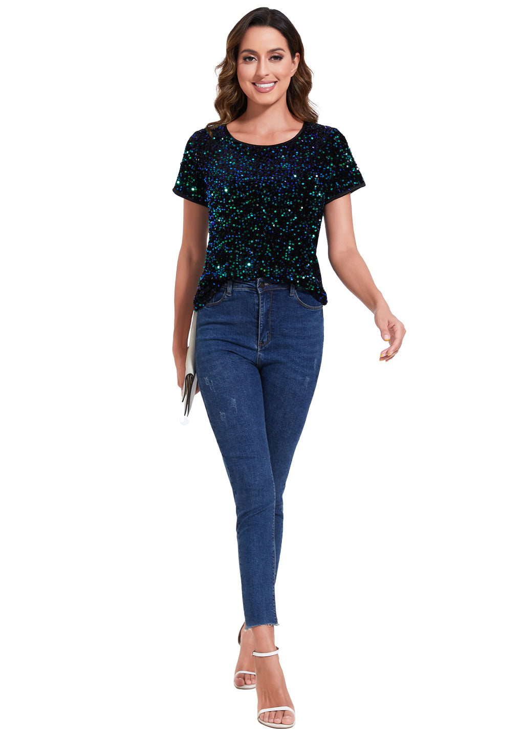 Anna-Kaci Womens Sparkly Sequin Velvet Tops Short Sleeve Crew Neck Shirt Party Club Blouse