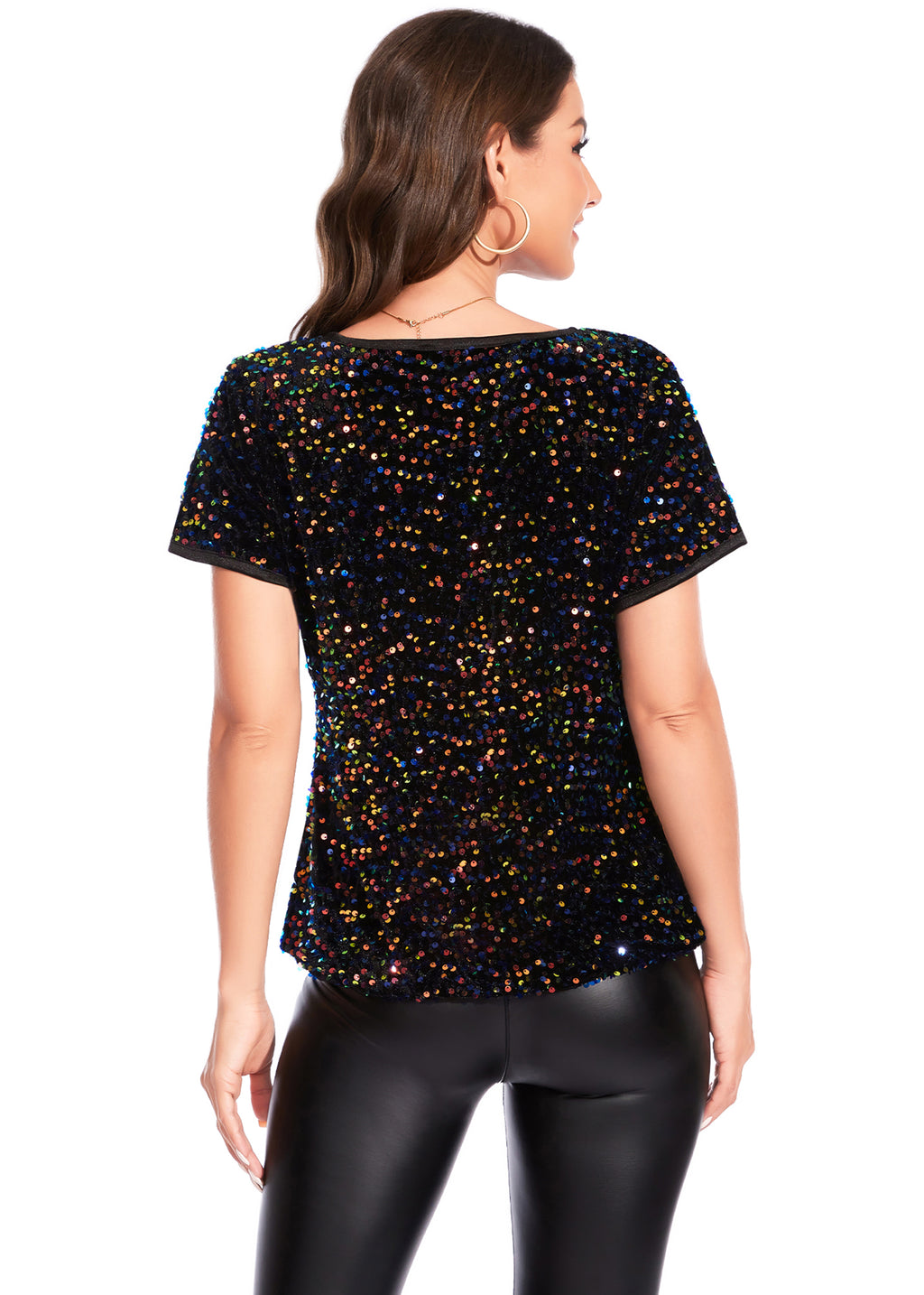 Anna-Kaci Womens Sparkly Sequin Velvet Tops Short Sleeve Crew Neck Shirt Party Club Blouse