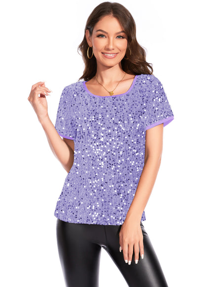 Anna-Kaci Womens Sparkly Sequin Velvet Tops Short Sleeve Crew Neck Shirt Party Club Blouse