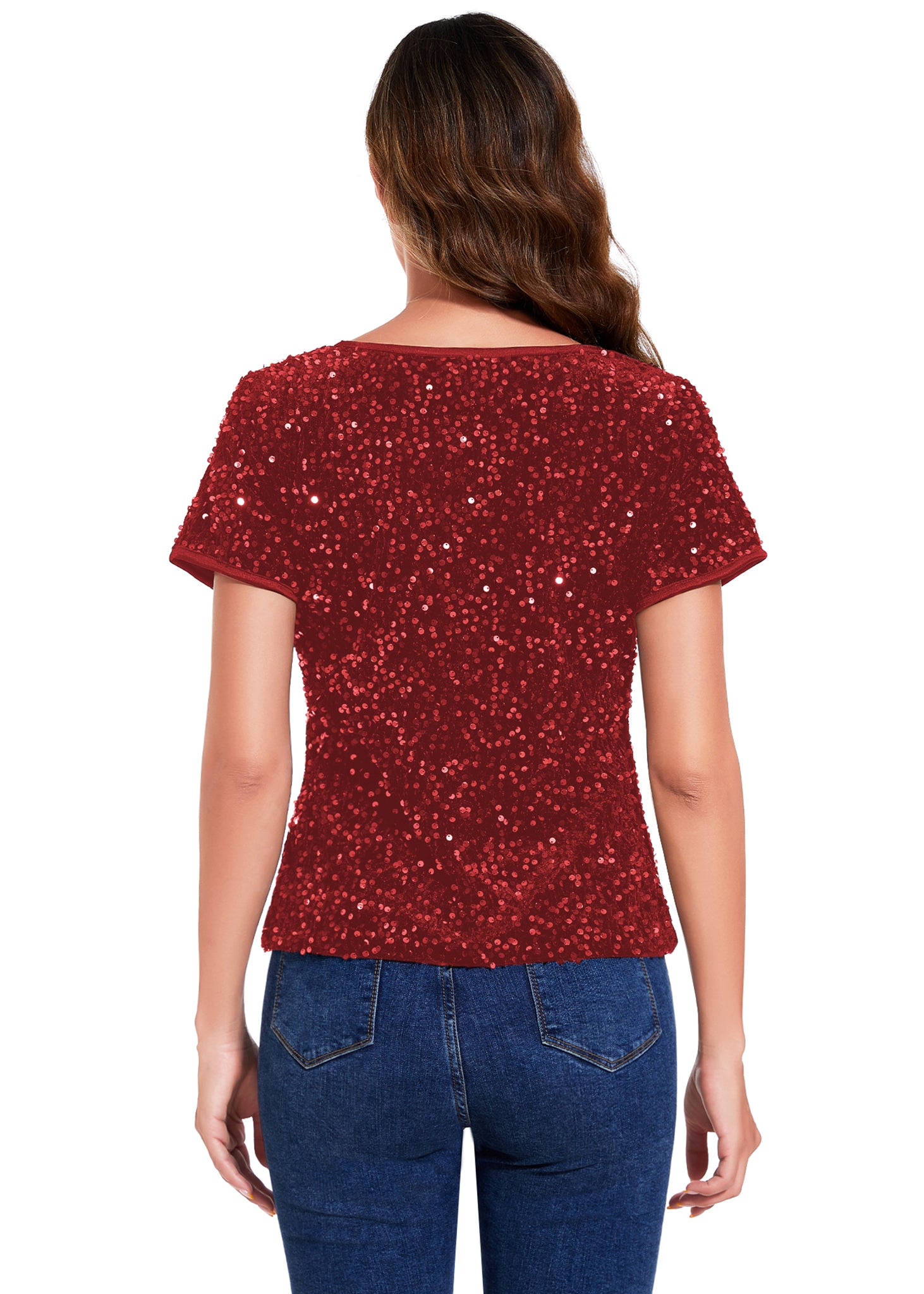 Anna-Kaci Womens Sparkly Sequin Velvet Tops Short Sleeve Crew Neck Shirt Party Club Blouse