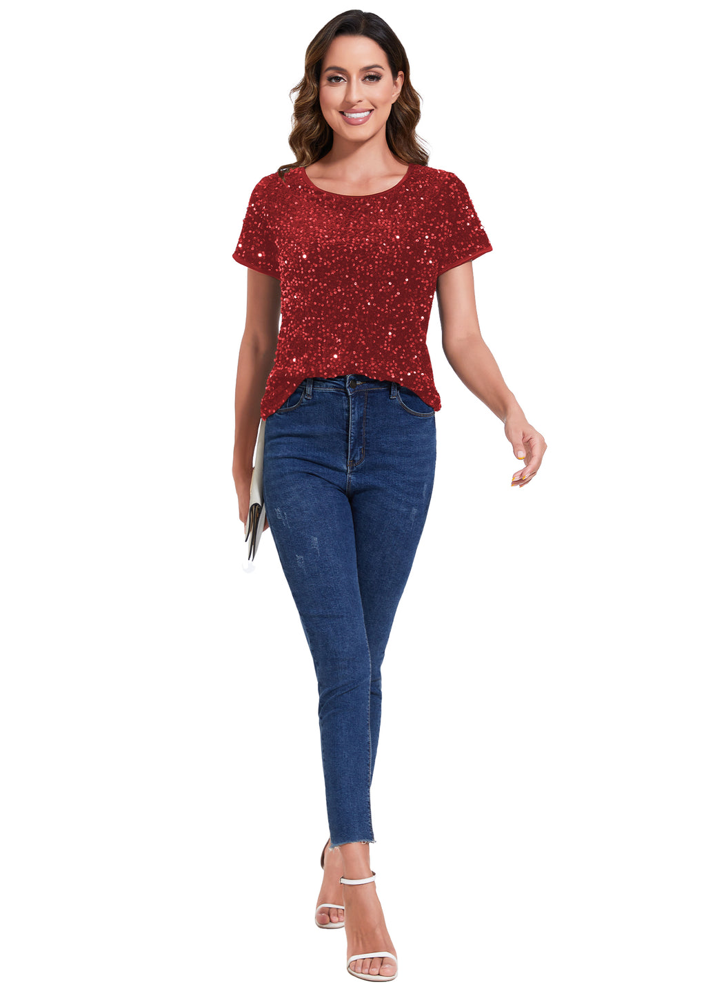 Anna-Kaci Womens Sparkly Sequin Velvet Tops Short Sleeve Crew Neck Shirt Party Club Blouse