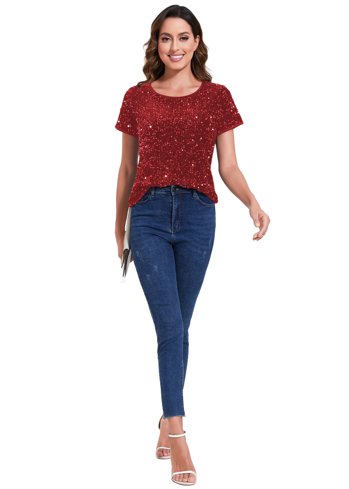 Anna-Kaci Womens Sparkly Sequin Velvet Tops Short Sleeve Crew Neck Shirt Party Club Blouse