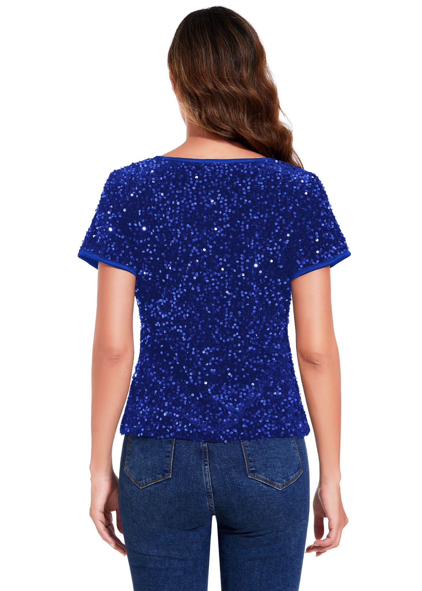 Anna-Kaci Womens Sparkly Sequin Velvet Tops Short Sleeve Crew Neck Shirt Party Club Blouse