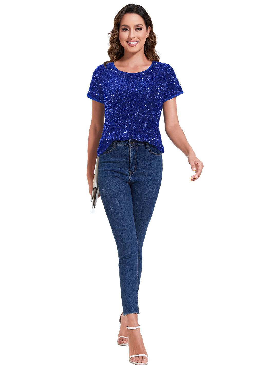 Anna-Kaci Womens Sparkly Sequin Velvet Tops Short Sleeve Crew Neck Shirt Party Club Blouse