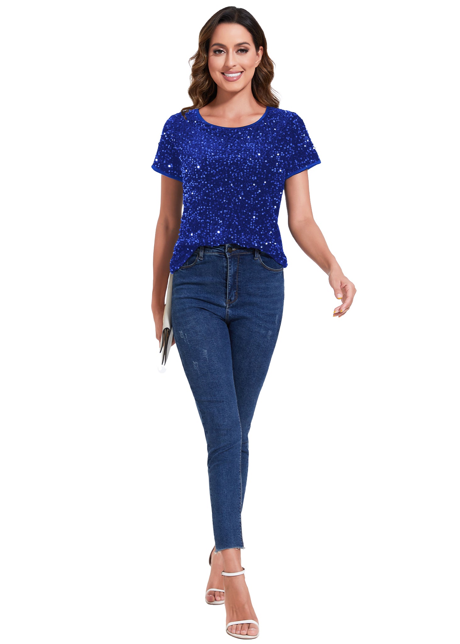 Anna-Kaci Womens Sparkly Sequin Velvet Tops Short Sleeve Crew Neck Shirt Party Club Blouse