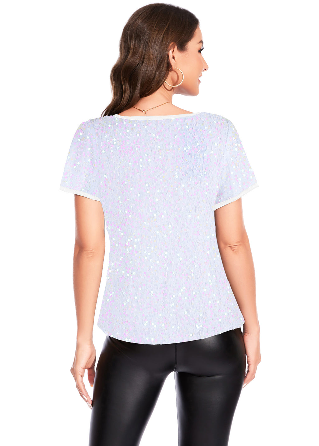 Anna-Kaci Womens Sparkly Sequin Velvet Tops Short Sleeve Crew Neck Shirt Party Club Blouse