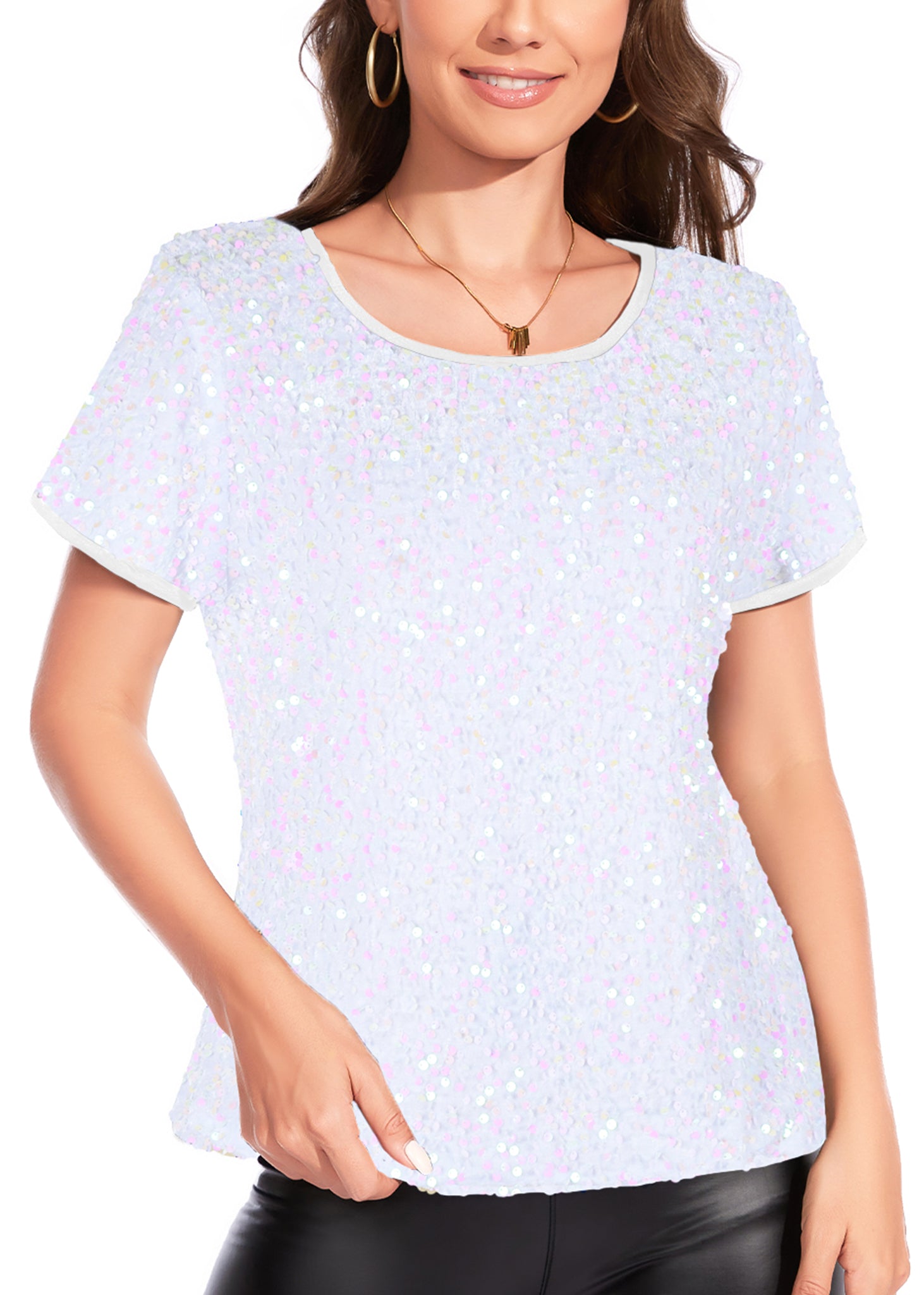 Anna-Kaci Womens Sparkly Sequin Velvet Tops Short Sleeve Crew Neck Shirt Party Club Blouse