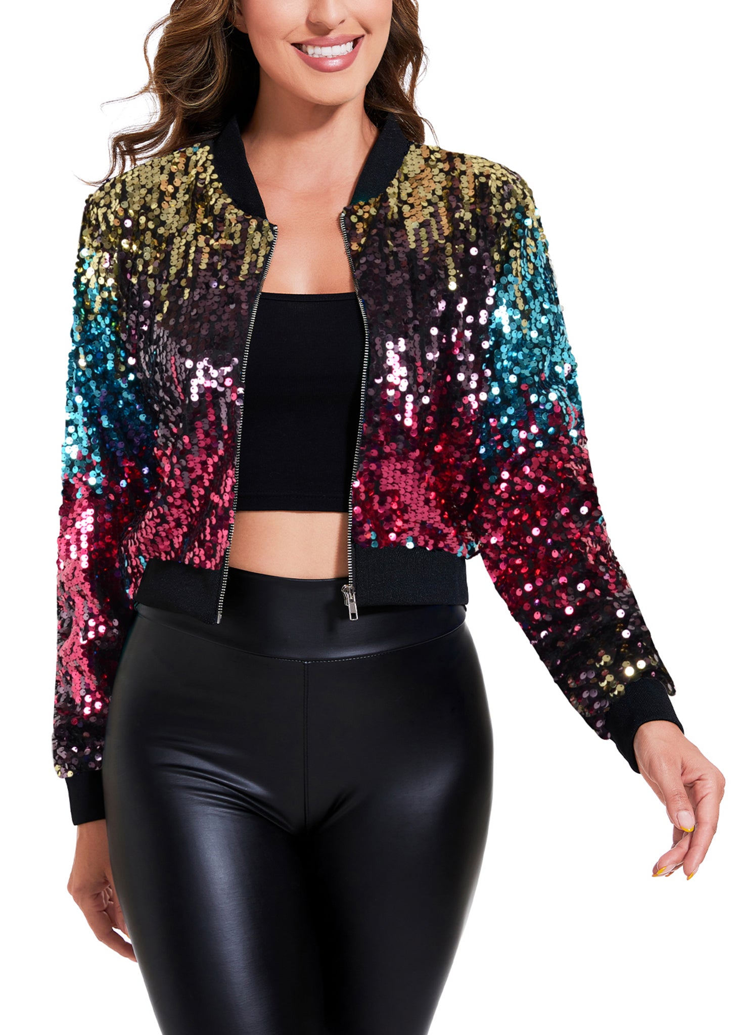Chaqueta corta con lentejuelas brillantes para mujer de Anna-Kaci, chaqueta bomber de manga larga con cremallera y para fiestas y clubes
