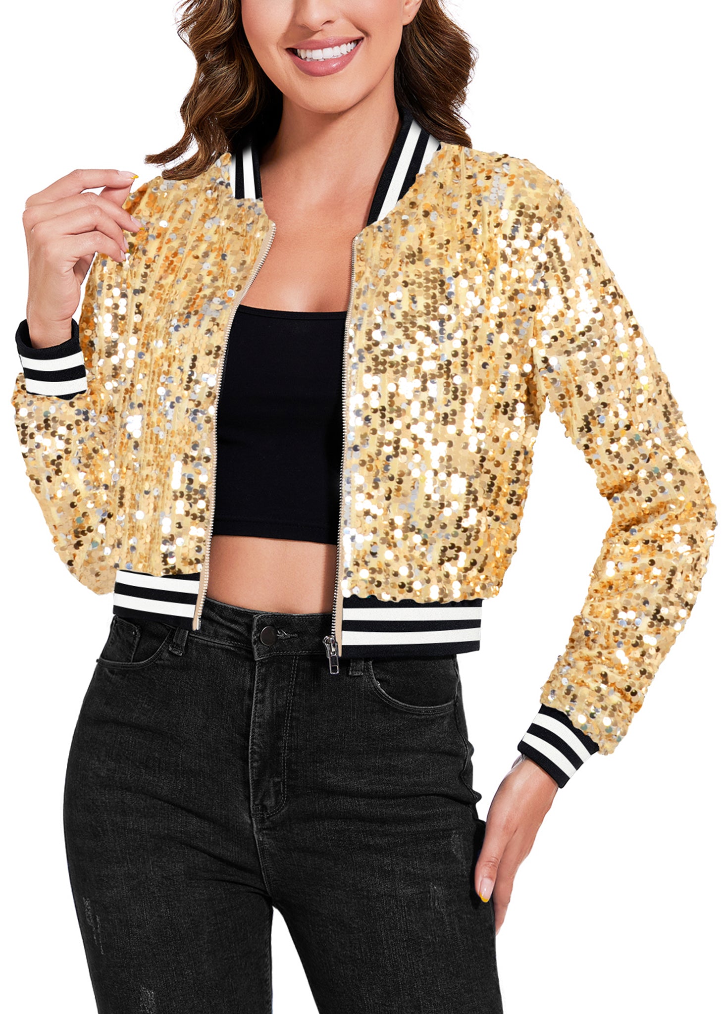 Chaqueta corta con lentejuelas brillantes para mujer de Anna-Kaci, chaqueta bomber de manga larga con cremallera y para fiestas y clubes