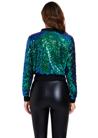 Anna-Kaci Women's Sparkly Sequin Cropped Jacket Long Sleeve Zipper Up Party Club Bomber Jacket