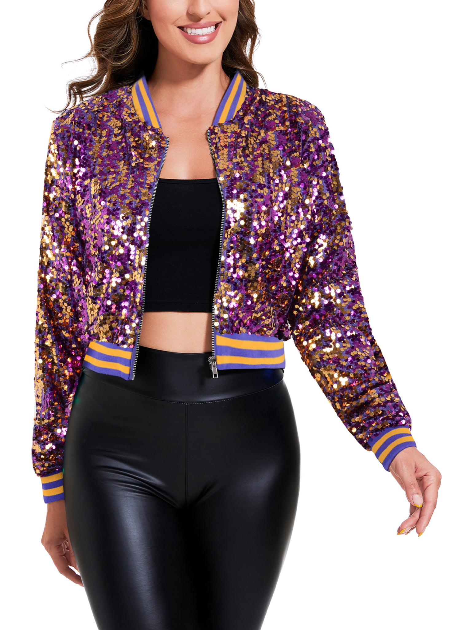 Chaqueta corta con lentejuelas brillantes para mujer de Anna-Kaci, chaqueta bomber de manga larga con cremallera y para fiestas y clubes
