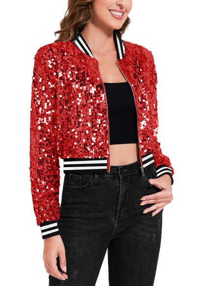 Anna-Kaci Women's Sparkly Sequin Cropped Jacket Long Sleeve Zipper Up Party Club Bomber Jacket