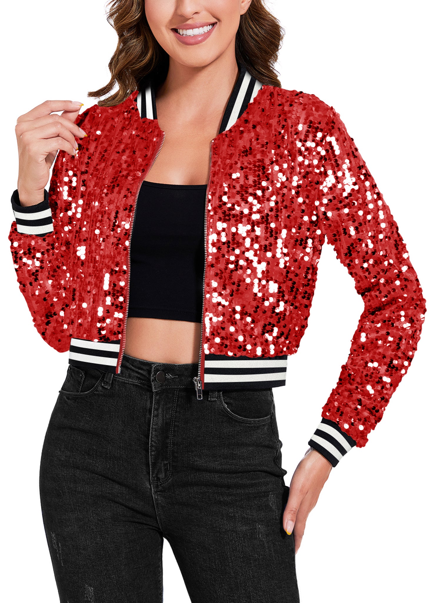 Chaqueta corta con lentejuelas brillantes para mujer de Anna-Kaci, chaqueta bomber de manga larga con cremallera y para fiestas y clubes