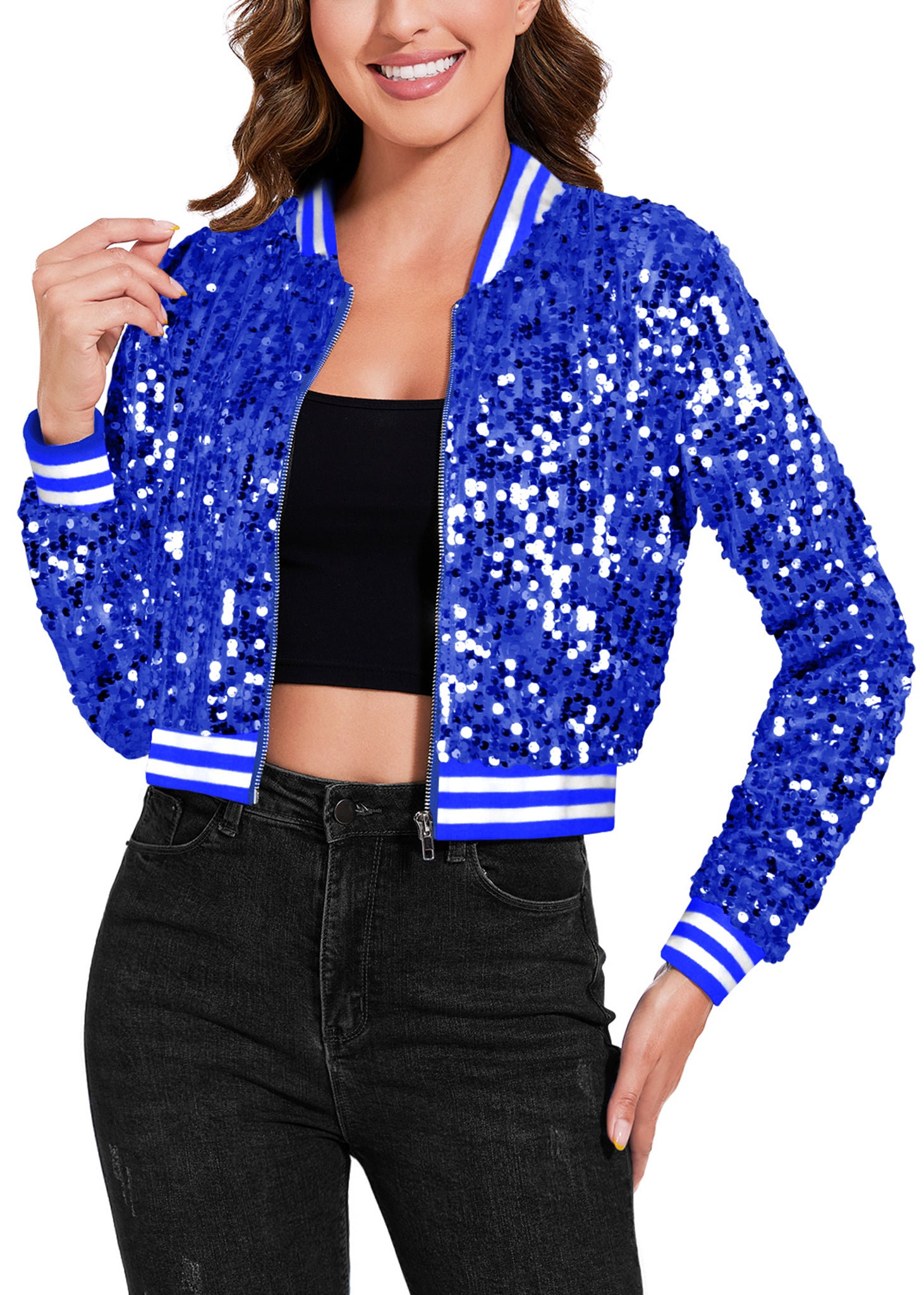 Chaqueta corta con lentejuelas brillantes para mujer de Anna-Kaci, chaqueta bomber de manga larga con cremallera y para fiestas y clubes