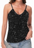 Anna-Kaci - Camiseta sin mangas con lentejuelas para mujer, cuello en V, tirantes finos brillantes, camiseta sin mangas