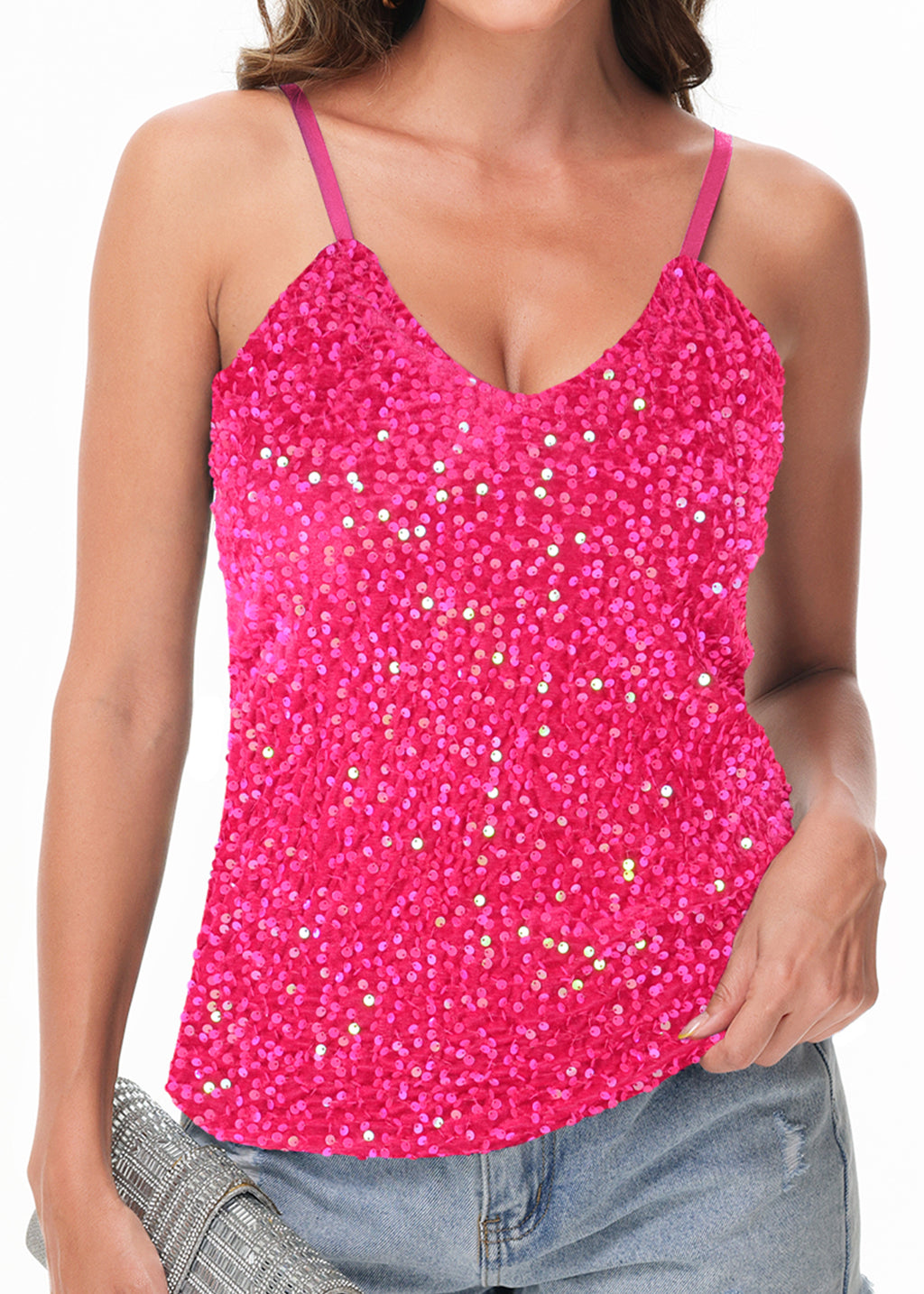 Anna-Kaci Womens Sleeveless Sequin Tops V Neck Sparkle Spaghetti Strap Cami Tank Top Shirt