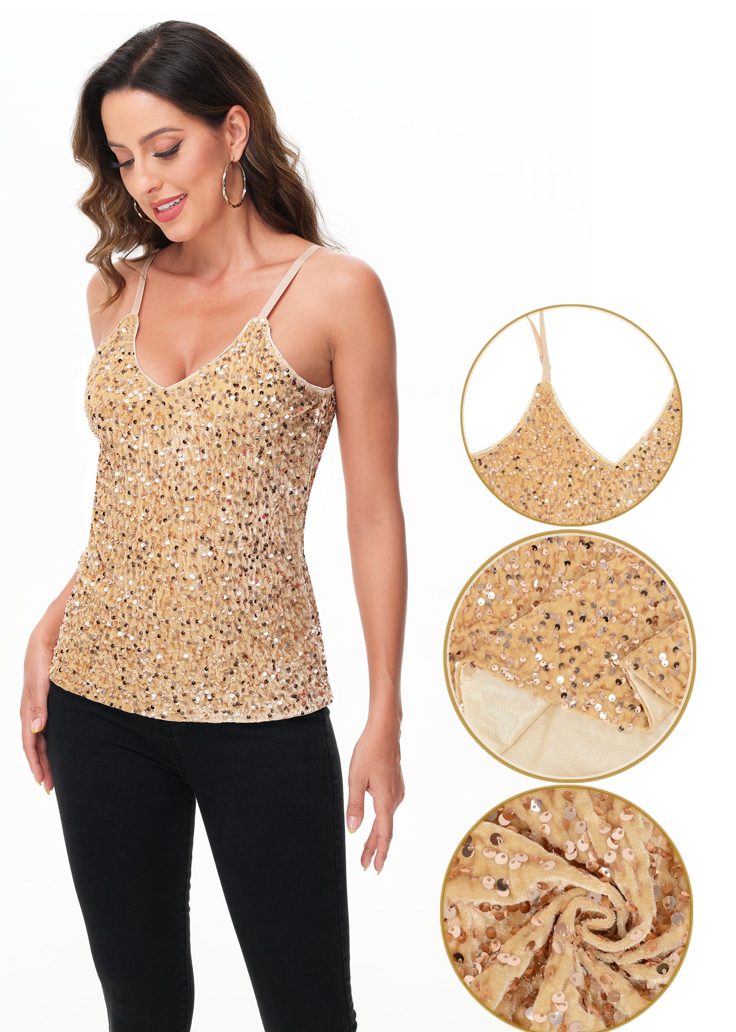 Anna-Kaci - Camiseta sin mangas con lentejuelas para mujer, cuello en V, tirantes finos brillantes, camiseta sin mangas