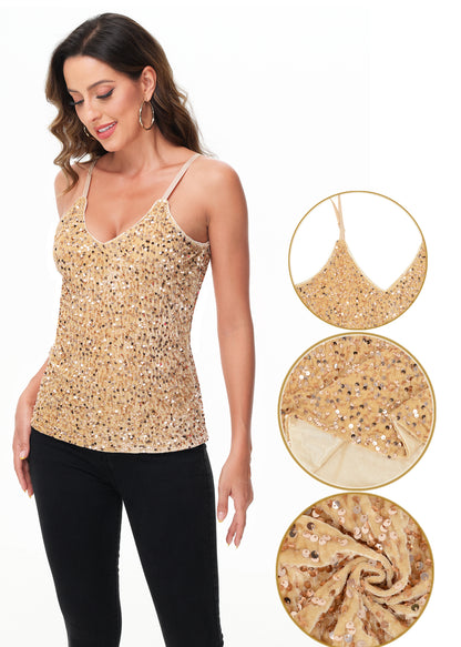 Anna-Kaci Womens Sleeveless Sequin Tops V Neck Sparkle Spaghetti Strap Cami Tank Top Shirt