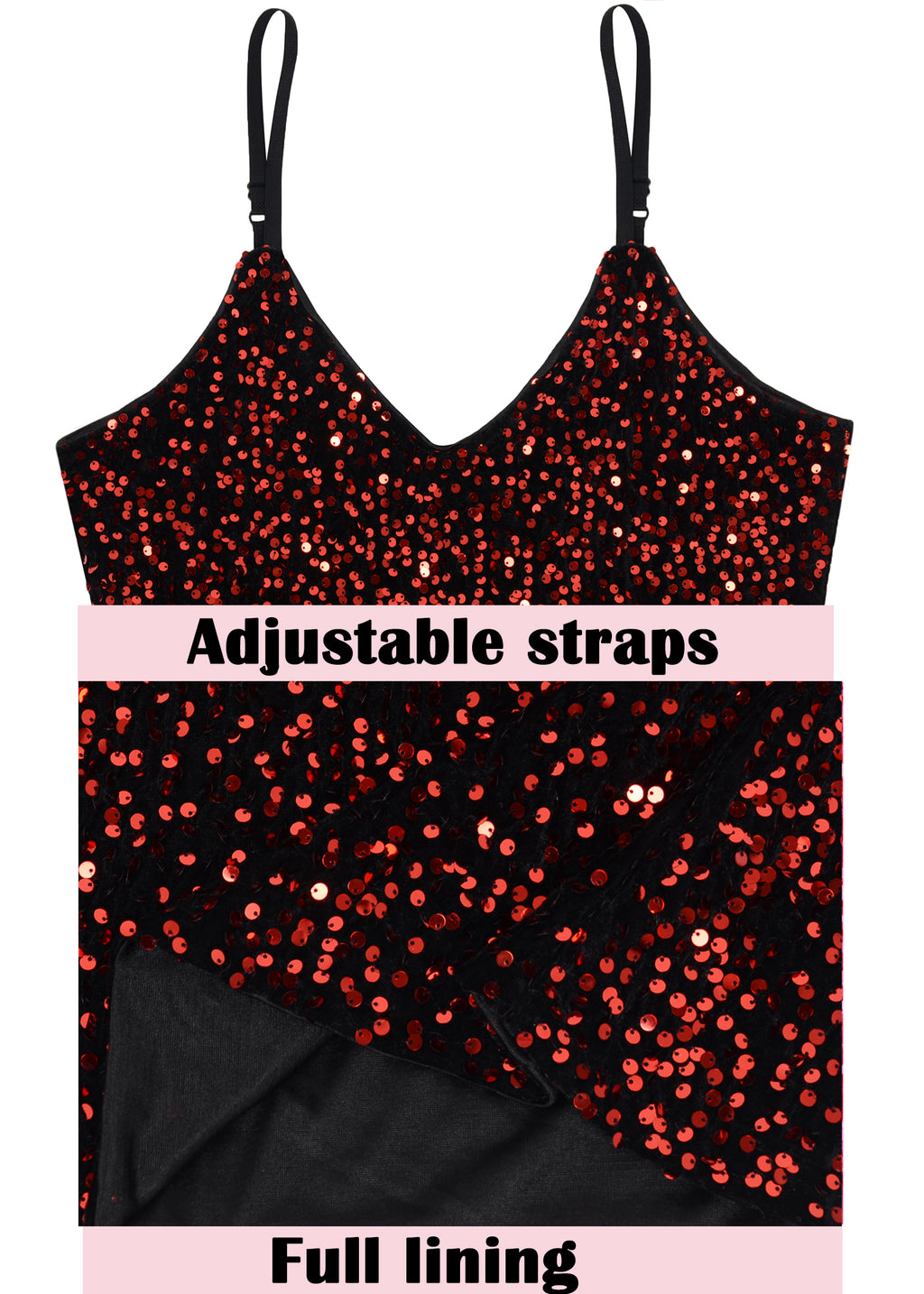 Anna-Kaci - Camiseta sin mangas con lentejuelas para mujer, cuello en V, tirantes finos brillantes, camiseta sin mangas