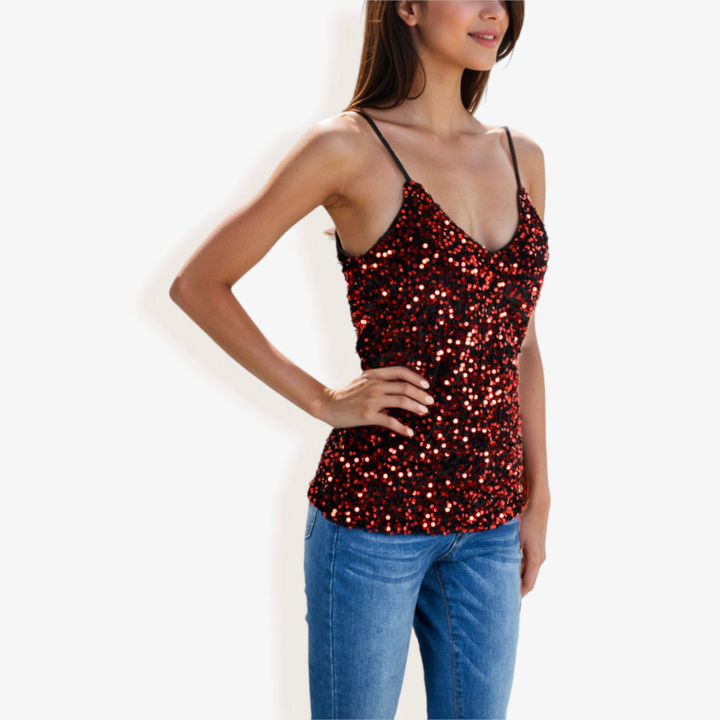 Anna-Kaci Women's Sequined Spaghetti Strap V-Neck Camisole Top for Party and Night Out