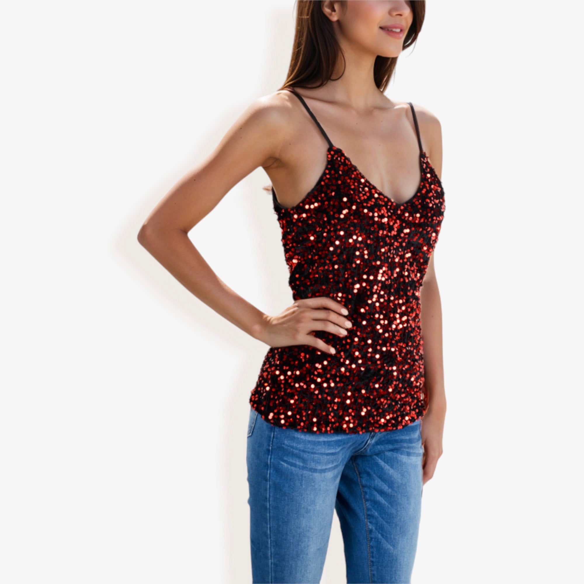 Anna-Kaci Women's Sequined Spaghetti Strap V-Neck Camisole Top for Party and Night Out