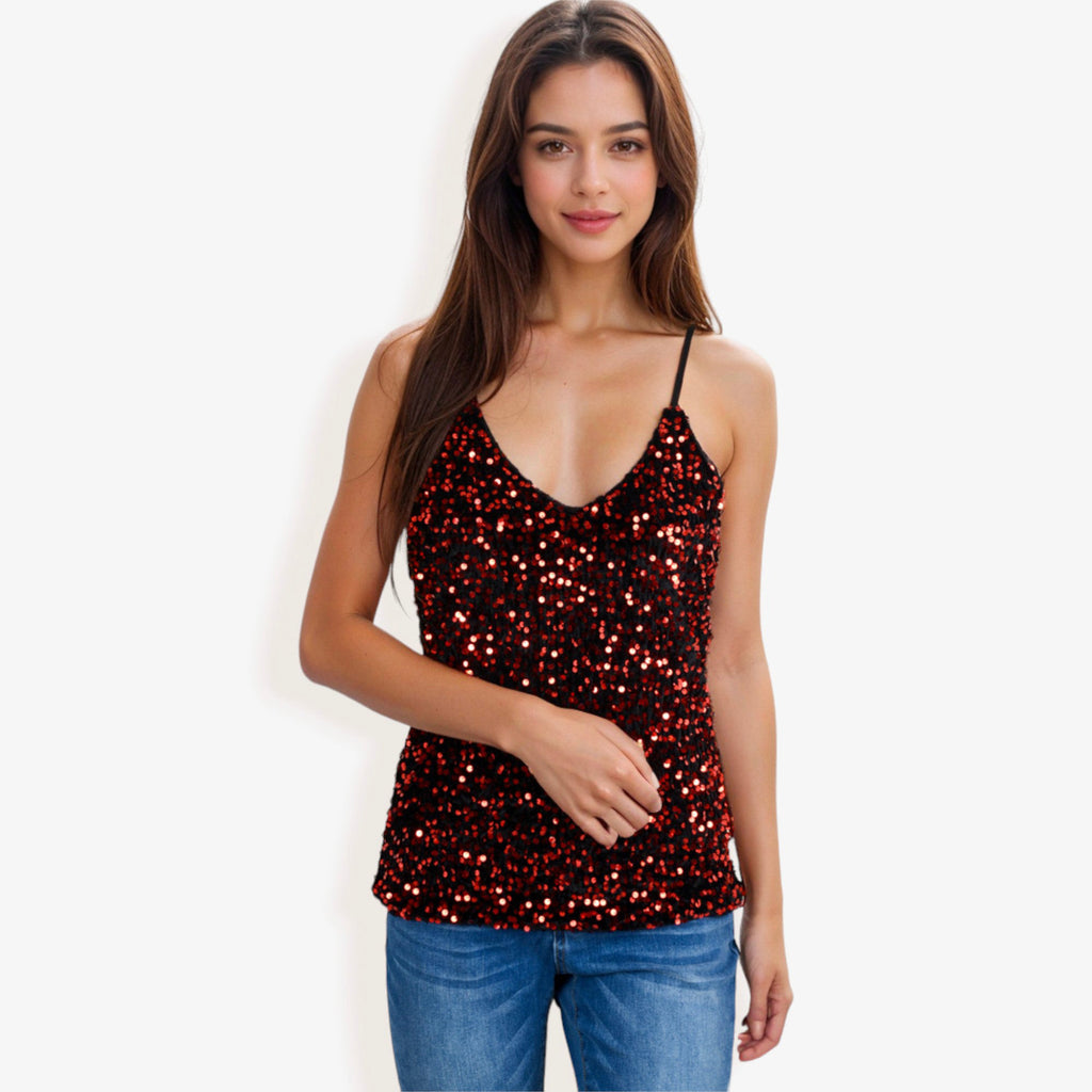 Anna-Kaci Women's Sequined Spaghetti Strap V-Neck Camisole Top for Party and Night Out
