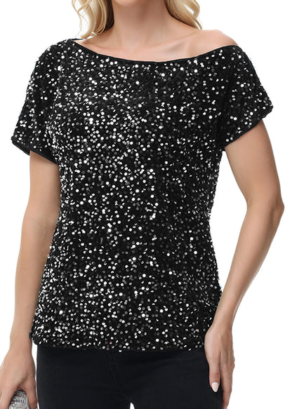 Anna-Kaci Women's Sequin One Shoulder Short Sleeve Top Party Club Sparkle Glitter Concert Tunic Blouse