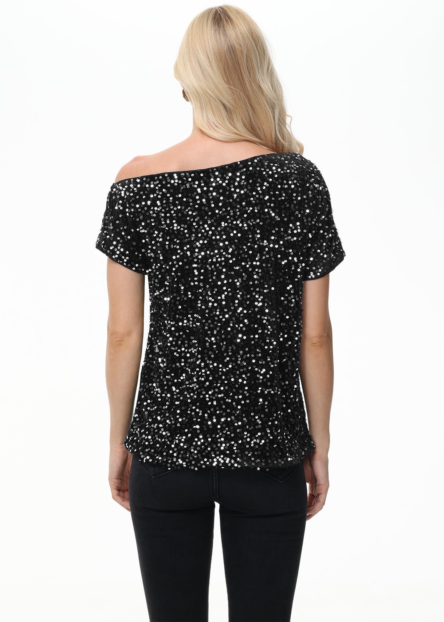 Anna-Kaci Women's Sequin One Shoulder Short Sleeve Top Party Club Sparkle Glitter Concert Tunic Blouse