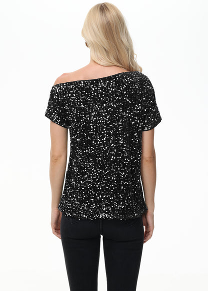 Anna-Kaci Women's Sequin One Shoulder Short Sleeve Top Party Club Sparkle Glitter Concert Tunic Blouse