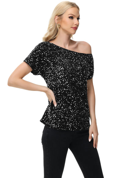 Anna-Kaci Women's Sequin One Shoulder Short Sleeve Top Party Club Sparkle Glitter Concert Tunic Blouse