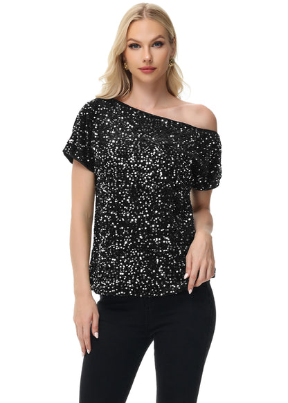 Anna-Kaci Women's Sequin One Shoulder Short Sleeve Top Party Club Sparkle Glitter Concert Tunic Blouse