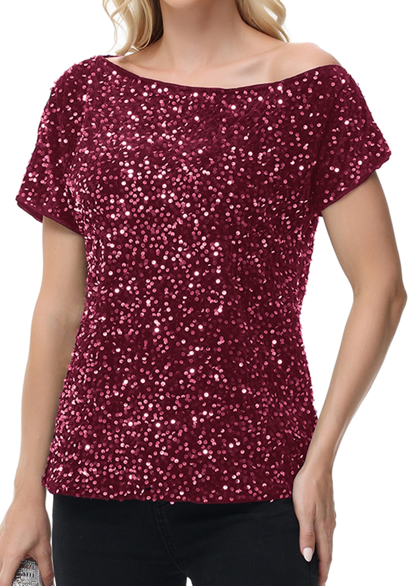 Anna-Kaci Women's Sequin One Shoulder Short Sleeve Top Party Club Sparkle Glitter Concert Tunic Blouse